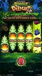 Jungle Delight · Periksa parameter saldo, taruhan aktif, dan menu aturan di panel bawah.