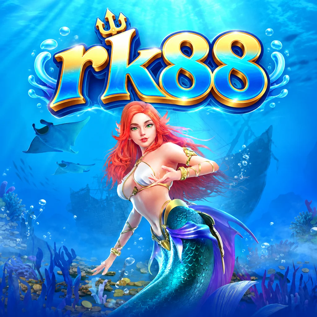 rk88 Mermaid Riches menampilkan putri duyung berambut merah dengan latar belakang bawah laut dan kapal karam